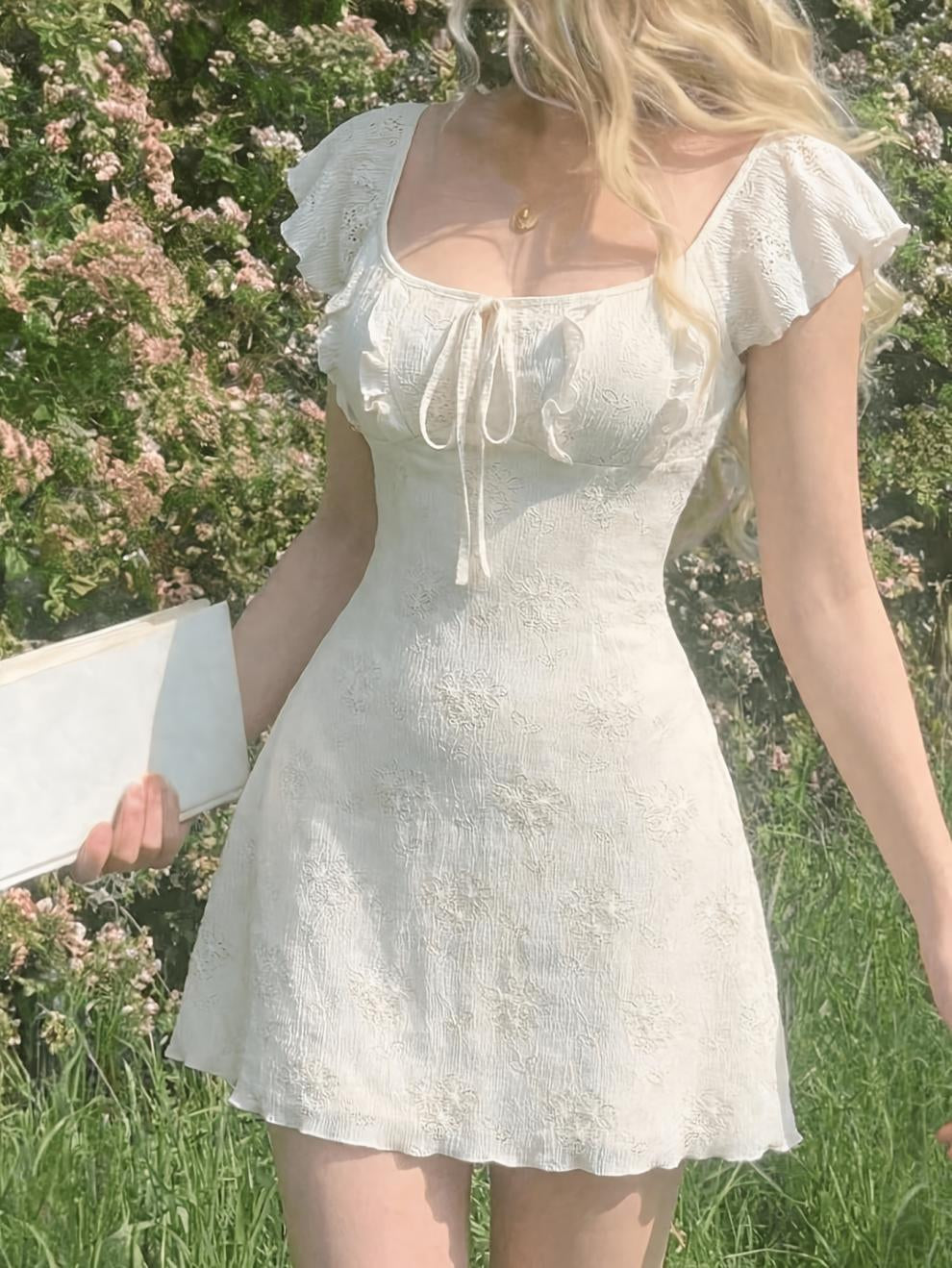 Women Square Neck Ruffle Sleeve Embroidery Mini Dress