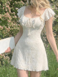 Women Square Neck Ruffle Sleeve Embroidery Mini Dress